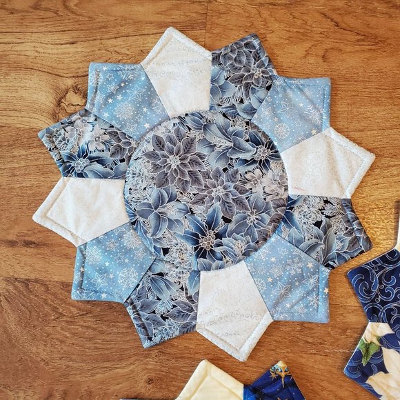 Handmade Quilted Hot Pads / Table Mats / Placemats, Set of 4, Blue Cream Silver - Picture 5 of 7